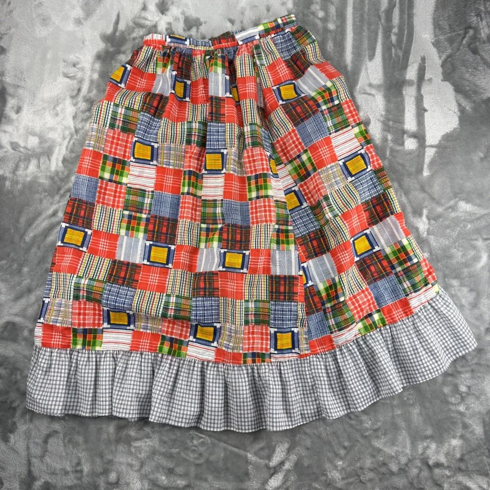 Vintage 70's Patchwork Plaid Ruffle Midi Skirt Boho Romantic Folk, High Waist - Picture 12 of 15